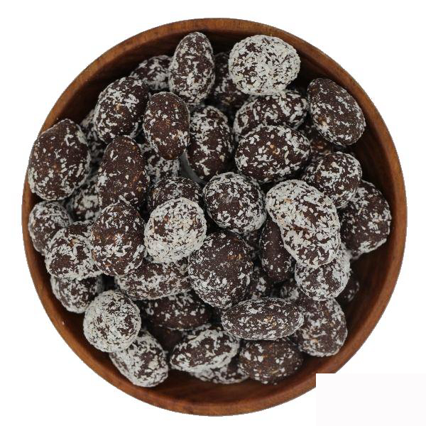 Økologiske mandler med kokos overtrukket med 70% mørk belgisk chokolade.